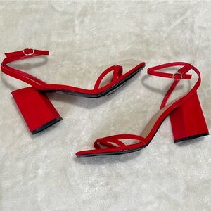Red Ankle Strap Block Heel - Women